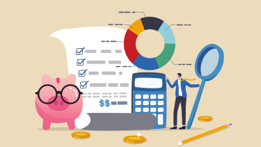 Budget planning graphic  investment balance sheet, debt calculation and analysis, businessman with magnifier planning budget with calculator and chart.