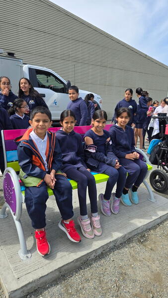 Students sitting together on a colourful bench.