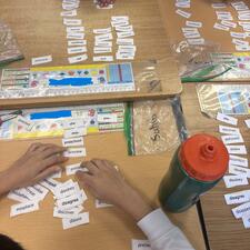 Students sorting words into similar columns.