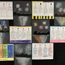 Pages of writing and chalk drawing of fireworks